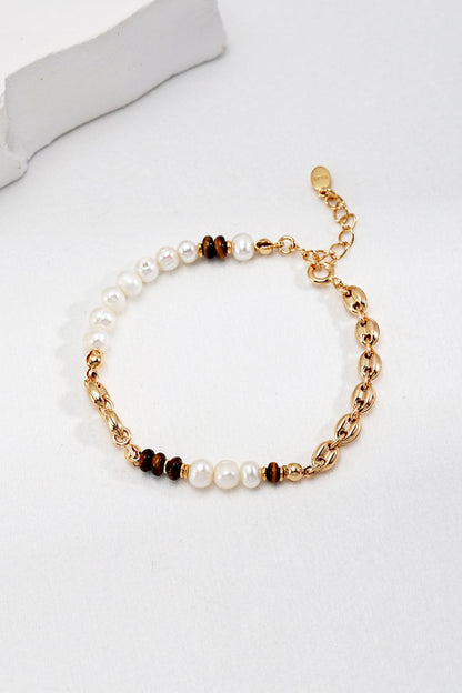 Elegant Tiger's Eye and Pearl Bracelet in Vintage Gold