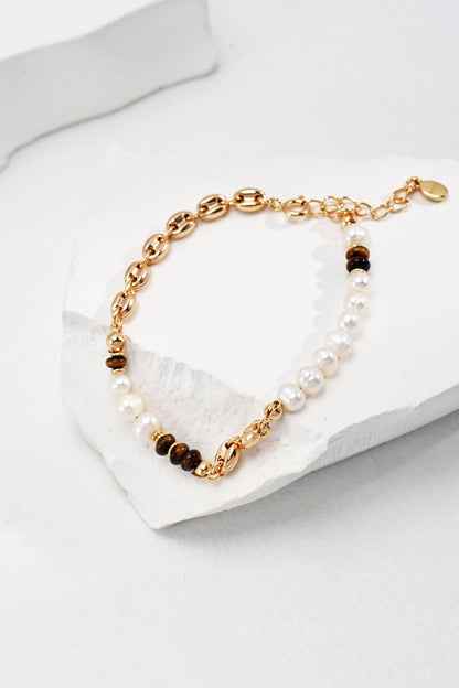 Elegant Tiger's Eye and Pearl Bracelet in Vintage Gold