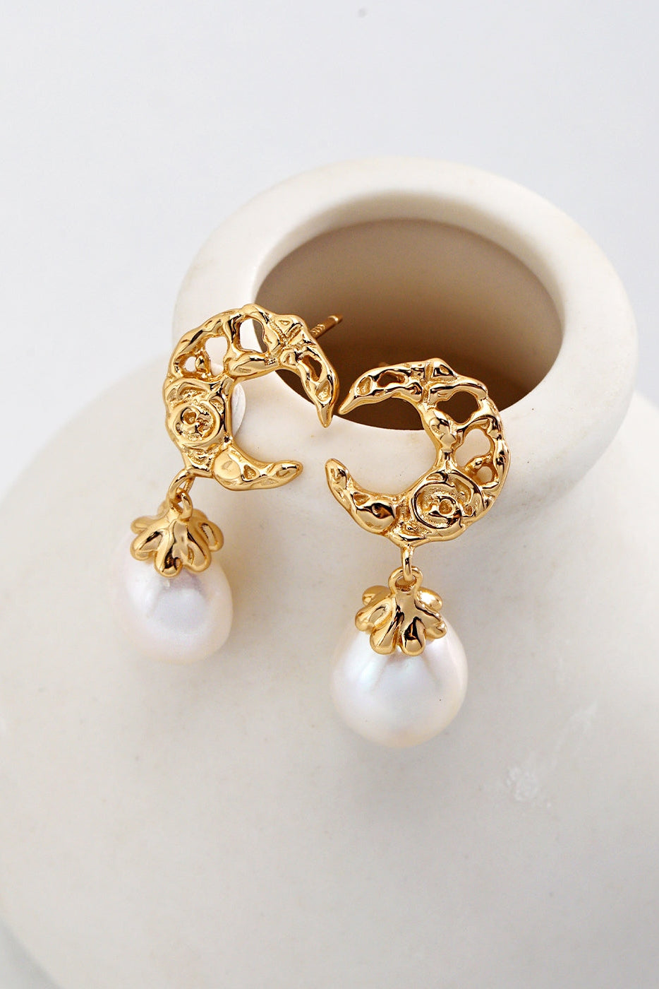 Elegant Vintage Gold Pearl Crescent Earrings in 925 Silver