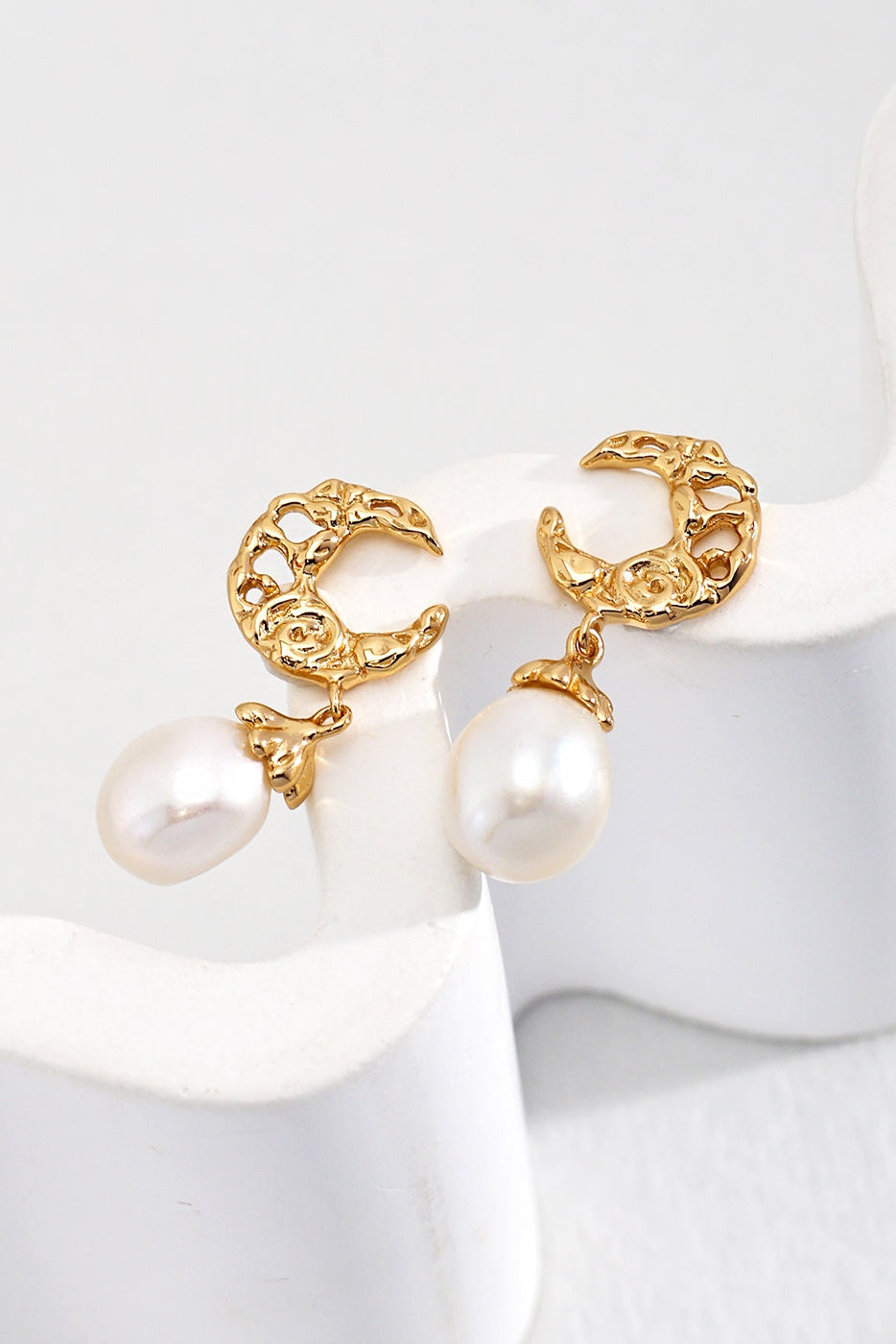 Elegant Vintage Gold Pearl Crescent Earrings in 925 Silver