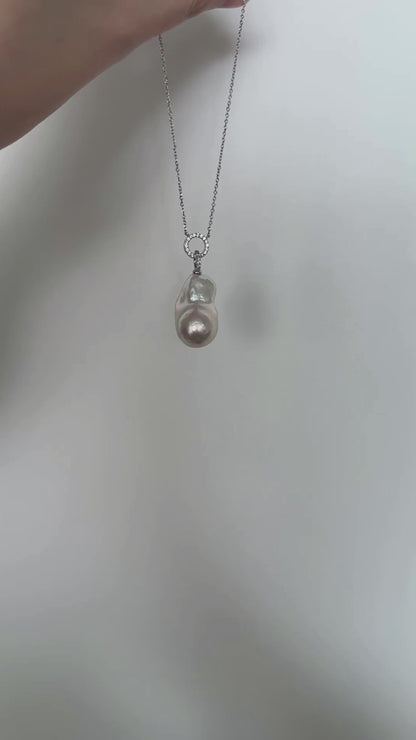 Double Circle Crystal Baroque Pearl Necklace - Sterling Silver