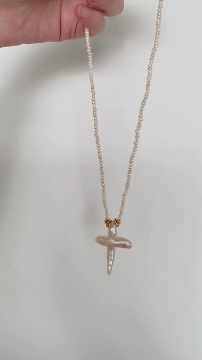 Baroque Pearl Cross Necklace - Sterling Silver with 18K Gold Plating